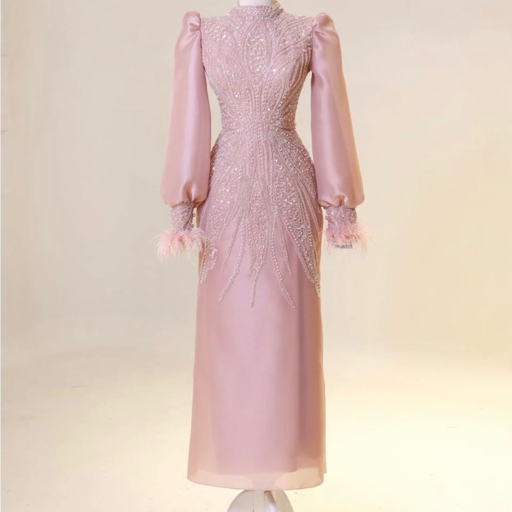 Dusty Pink Beaded Long Dress - Feather Detail Embellished Long Sleeve Gown